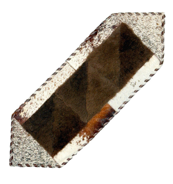 Bison/Cowhide Hair - On Hexagonal Table Runner | Patchwork & Laced Design – 1' X 3' Feet - Hides & Leathers - Cowhide Rugs