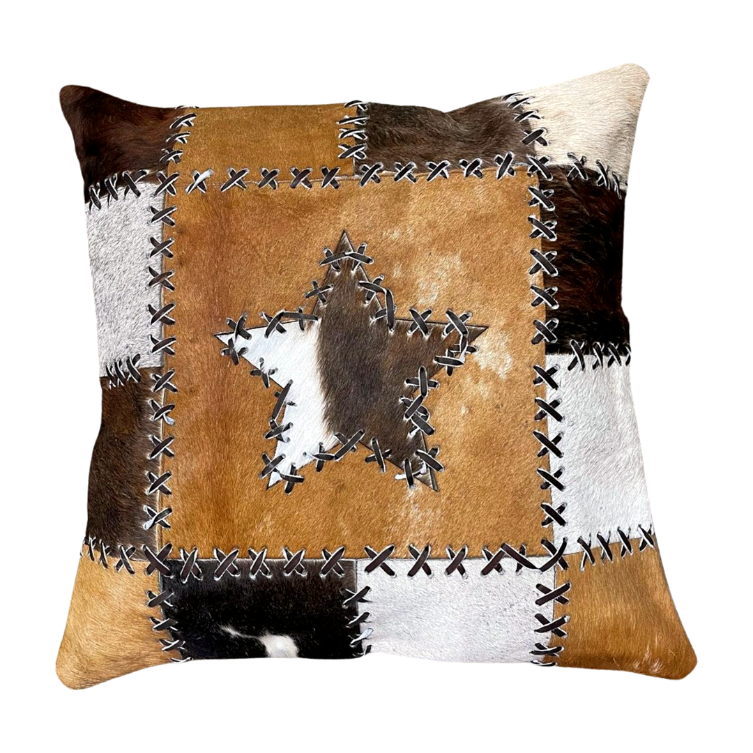 Cowhide Pillow - Patchwork Star (Brown)
