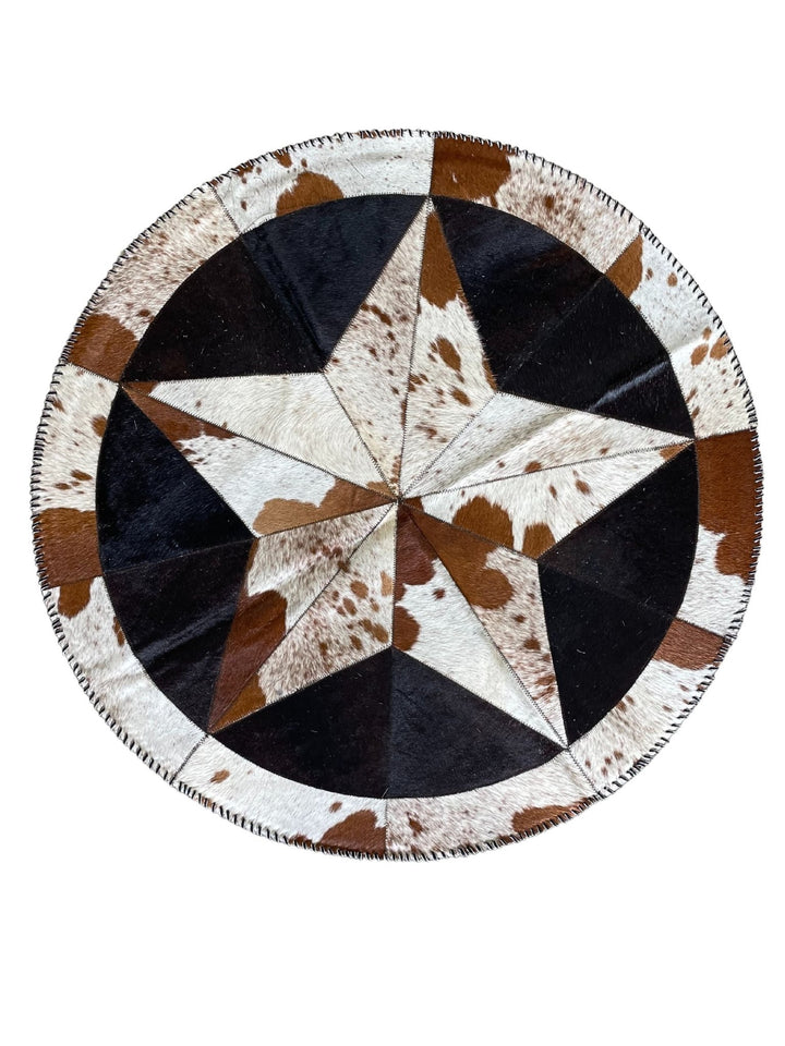 Cowhide Tricolor Round Area Rug - Star Patchwork Rug White & Black - Hides & Leathers -