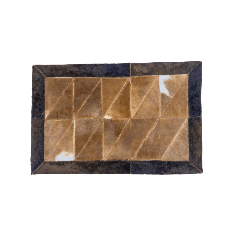 Rectangle Patchwork Area Rug - Brown Cowhide, Bison Border 2'x3' - Hides & Leathers - Cowhide Rugs