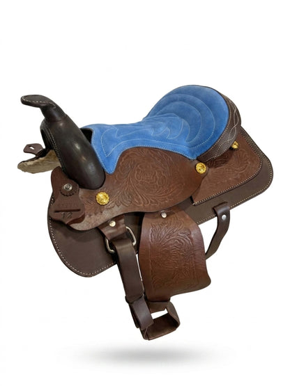 Youth Western Saddle | 12 in Chocolate & Blue Seat – Hand-Tooled with Gold Conchos