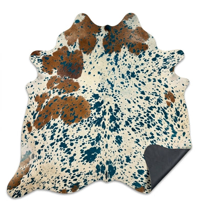 Brazilian Cowhide Rug | Turquoise Acid Wash on White & Brown 7 x 6 Ft