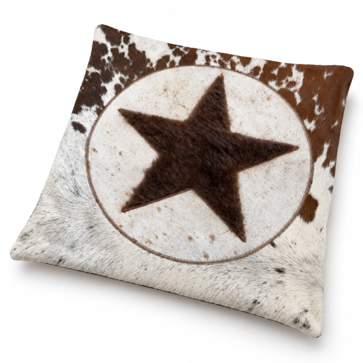 Bison & Cowhide Pillow Cover | Tricolor Hair-On – Black & Brown Speckled, 20 x 20 In — three-quarter angle view on white