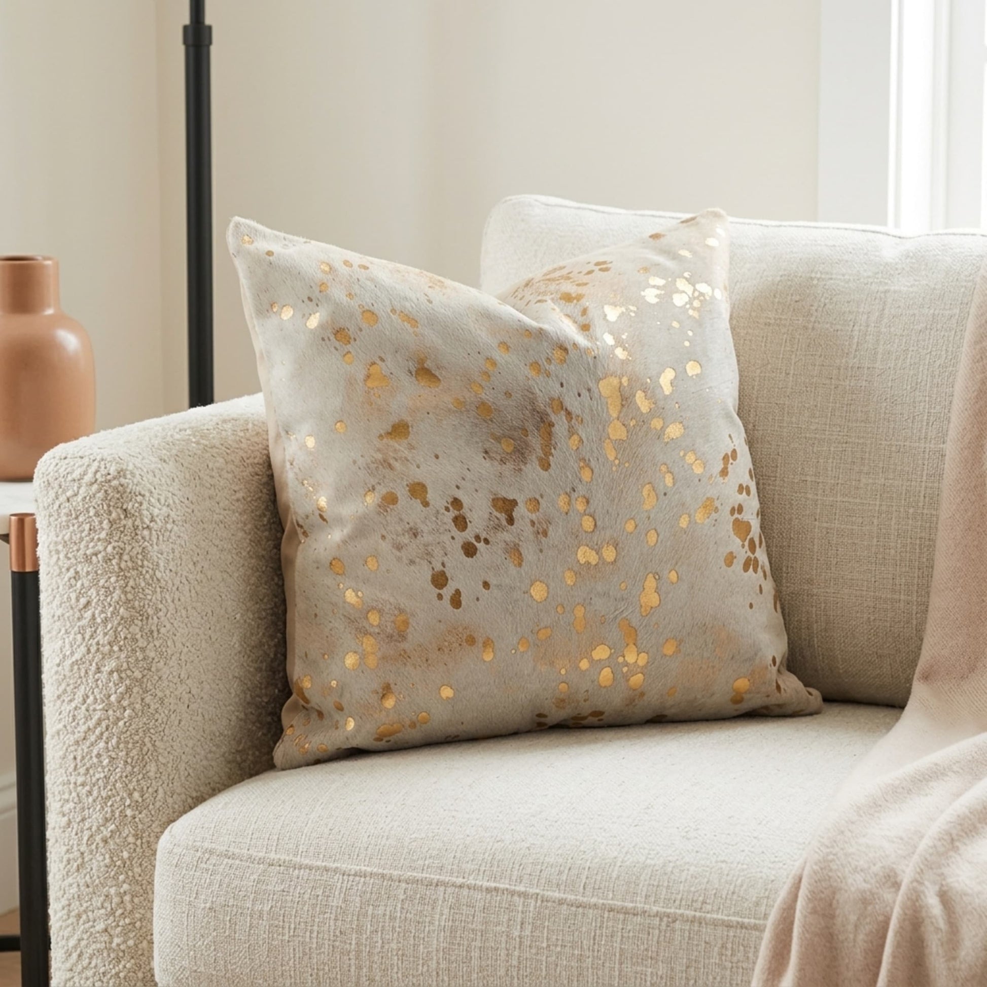Cowhide Pillow Cover | Metallic Gold & Beige Hair-On 20 in