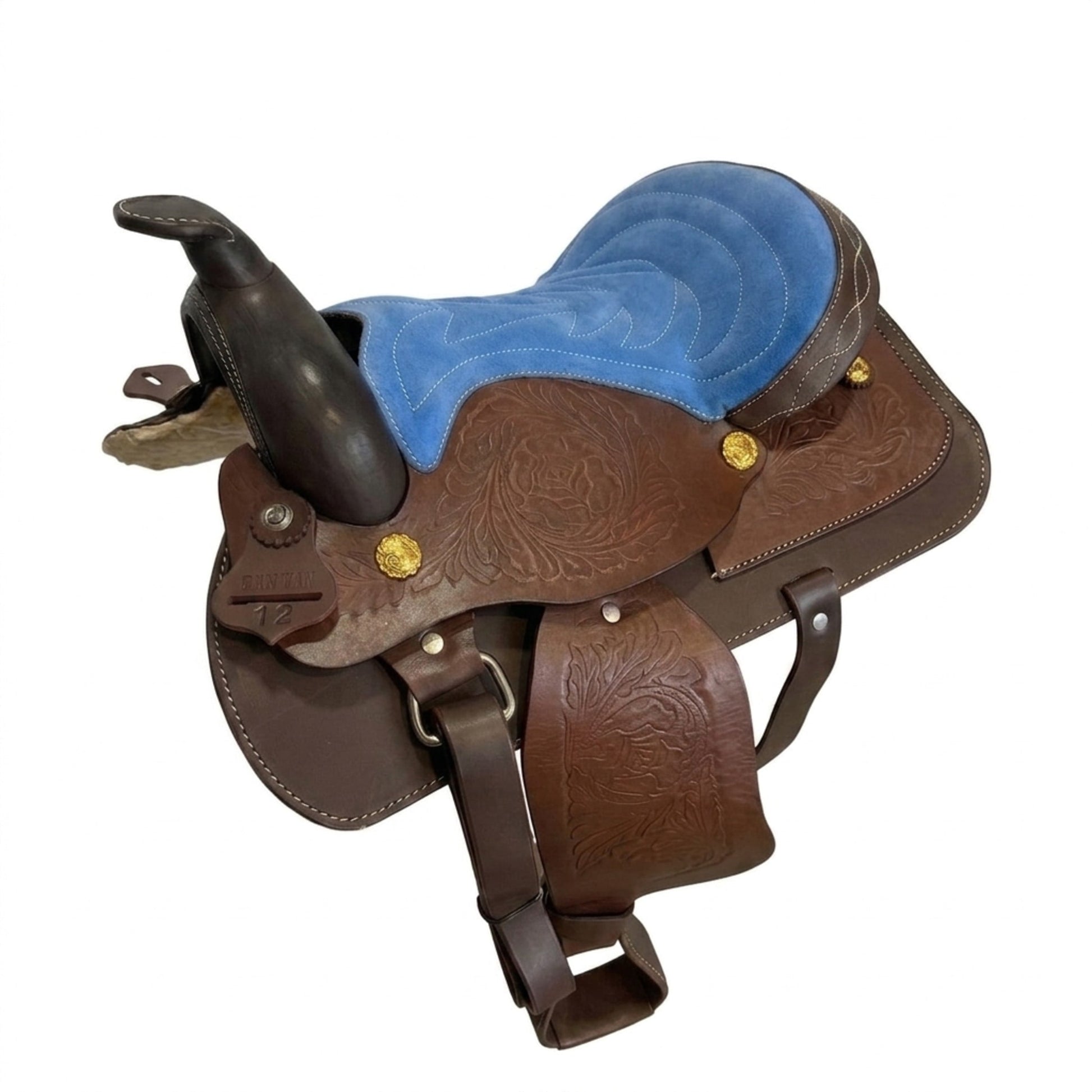 Youth Western Saddle | 12 in Chocolate & Blue Seat – Hand-Tooled with Gold Conchos