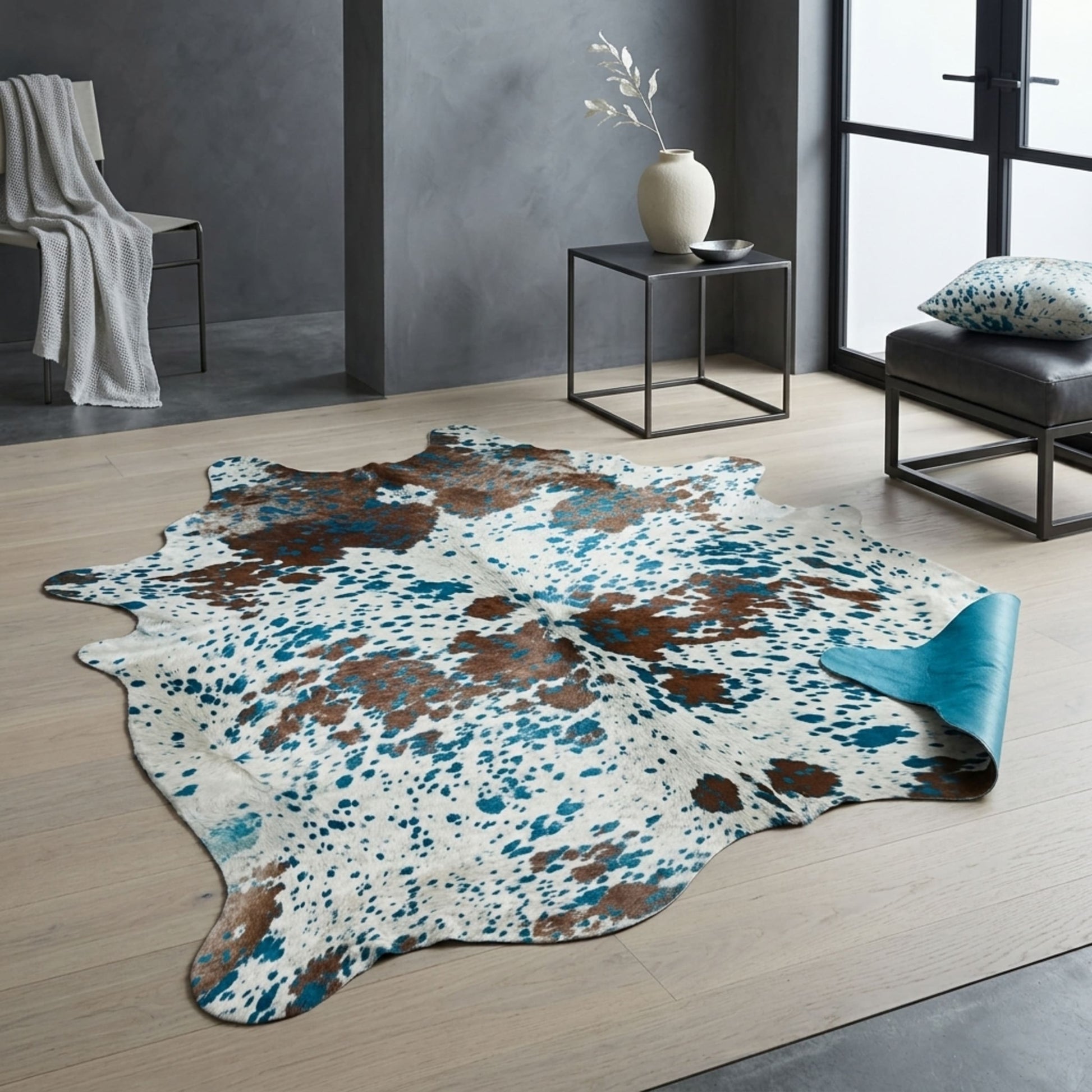 Brazilian Cowhide Rug | Turquoise Acid Wash on White & Brown 7 x 6 Ft