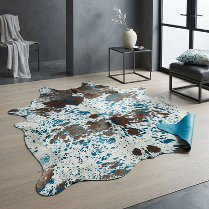 Brazilian Cowhide Rug | Turquoise Acid Wash on White & Brown 7 x 6 Ft