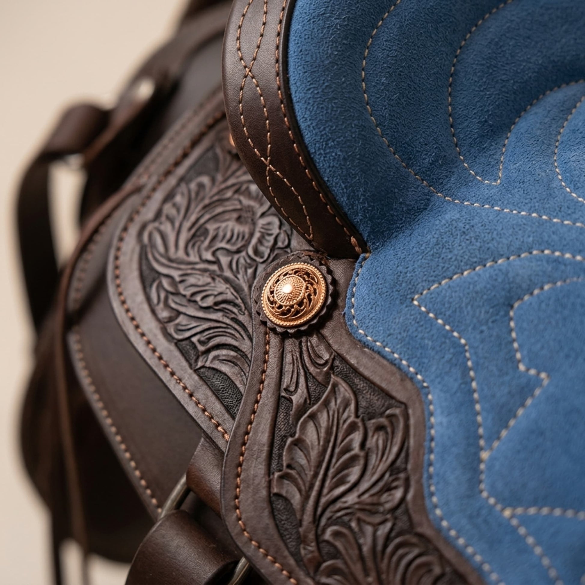 Youth Western Saddle | 12 in Chocolate & Blue Seat – Hand-Tooled with Gold Conchos