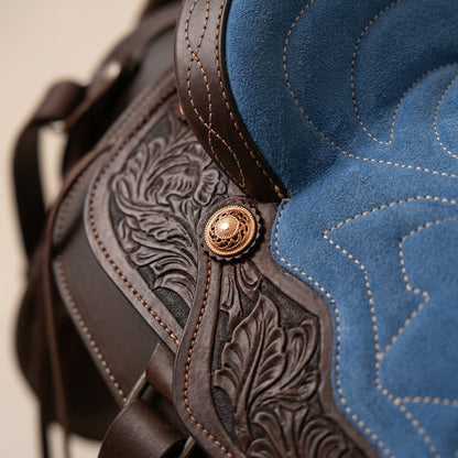 Youth Western Saddle | 12 in Chocolate & Blue Seat – Hand-Tooled with Gold Conchos
