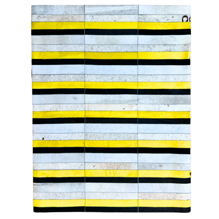 One of A Kind - Yellow, Black & White Cowhide Patchwork Area Rug