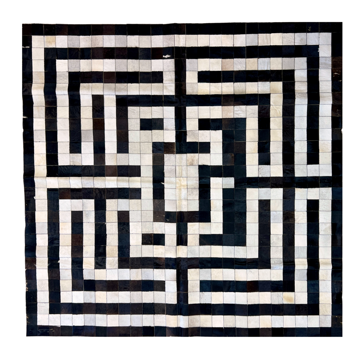 One of A Kind - Labyrinth Black and White Patchwork Cowhide Area Rug