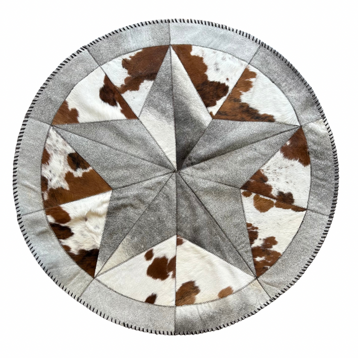 Cowhide Tricolor Round Area Rug - Star Patchwork Rug
