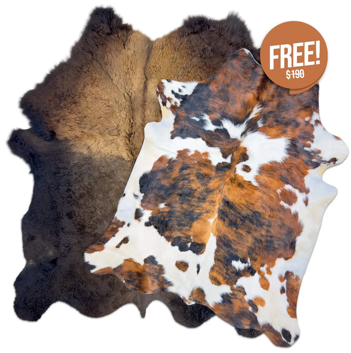 Buffalo/Bison LARGE Hair-On Hide Rug/Blanket - 7.5ft x 6ft | FREE Tricolor Cowhide Rug Medium - 6ft x 5ft