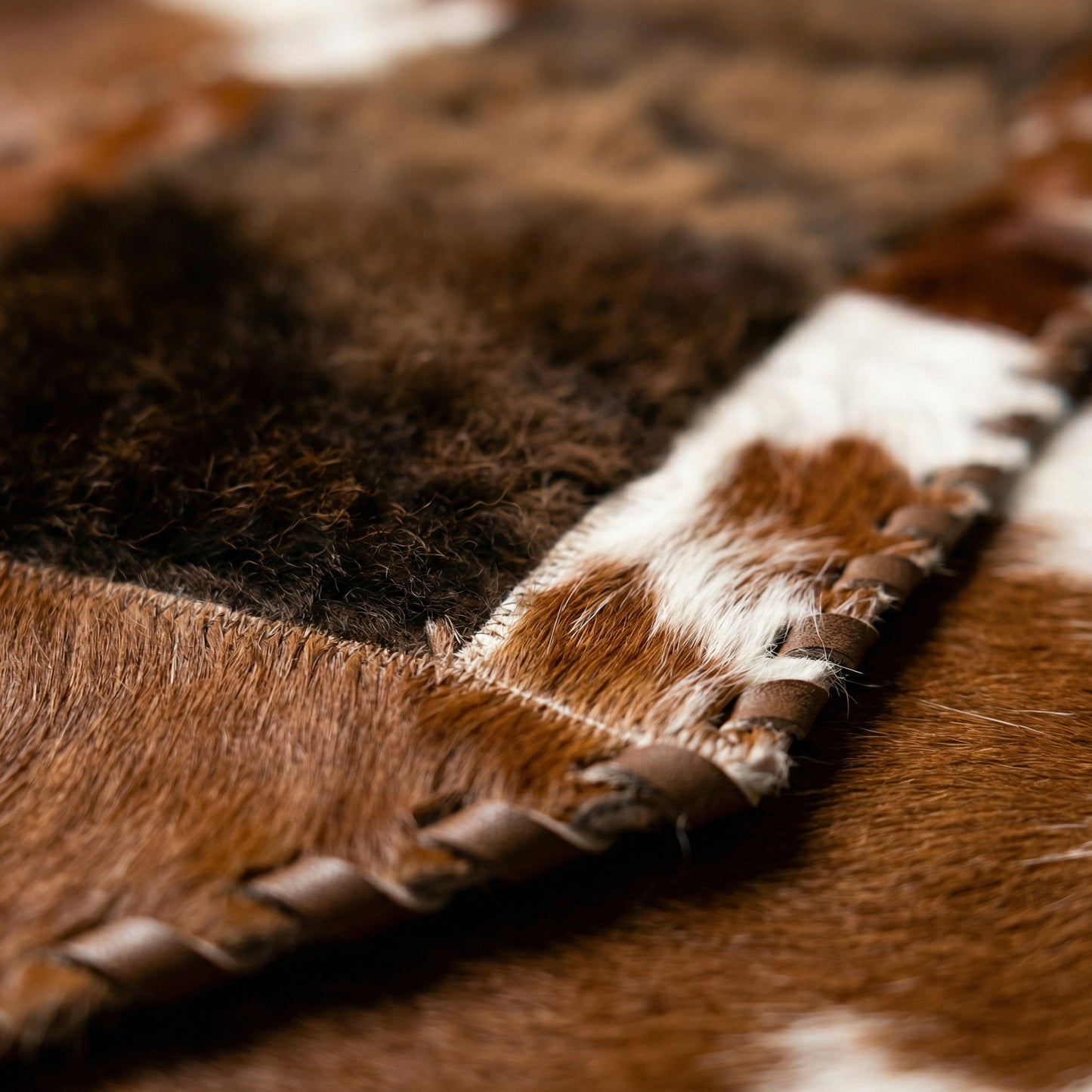 Bison and Cowhide Hexagonal Table Runner Brown and White | Patchwork Laced Design - 1' x 3'