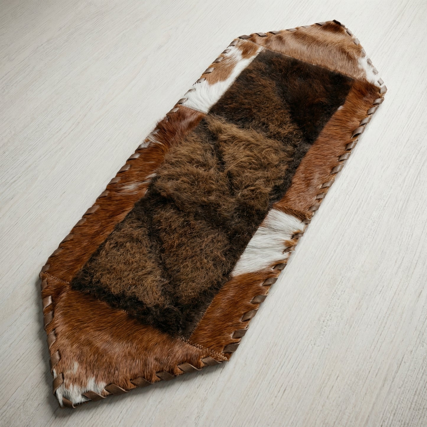 Bison and Cowhide Hexagonal Table Runner Brown and White | Patchwork Laced Design - 1' x 3'