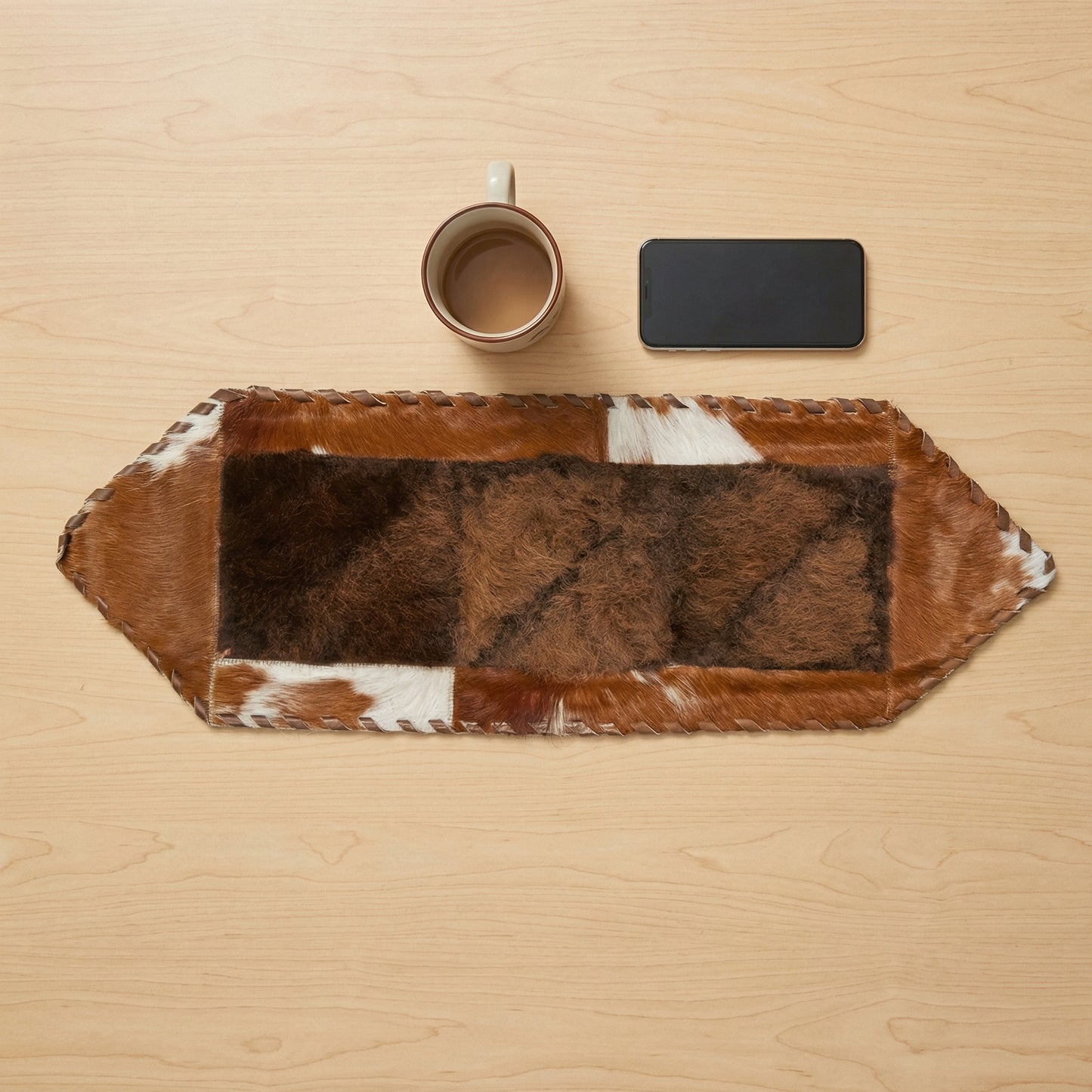 Bison and Cowhide Hexagonal Table Runner Brown and White | Patchwork Laced Design - 1' x 3'