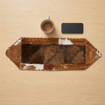 Bison and Cowhide Hexagonal Table Runner Brown and White | Patchwork Laced Design - 1' x 3'
