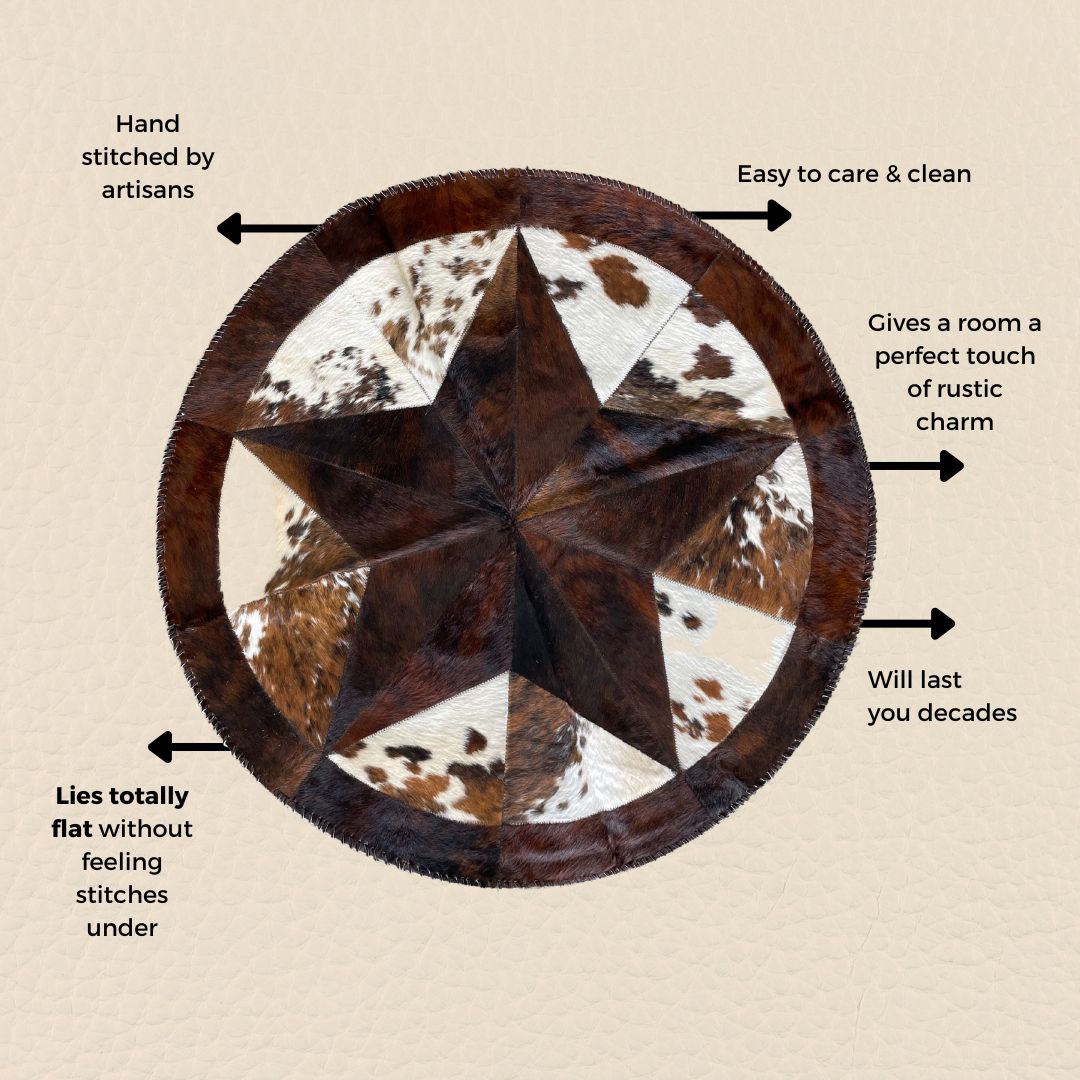 Cowhide Tricolor Round Area Rug - Star Patchwork Rug Light Brown
