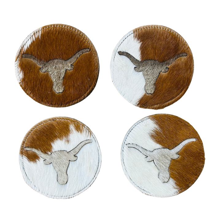 Handmade Cowhide Placemats and Coasters Bundle - Longhorn Brown & White