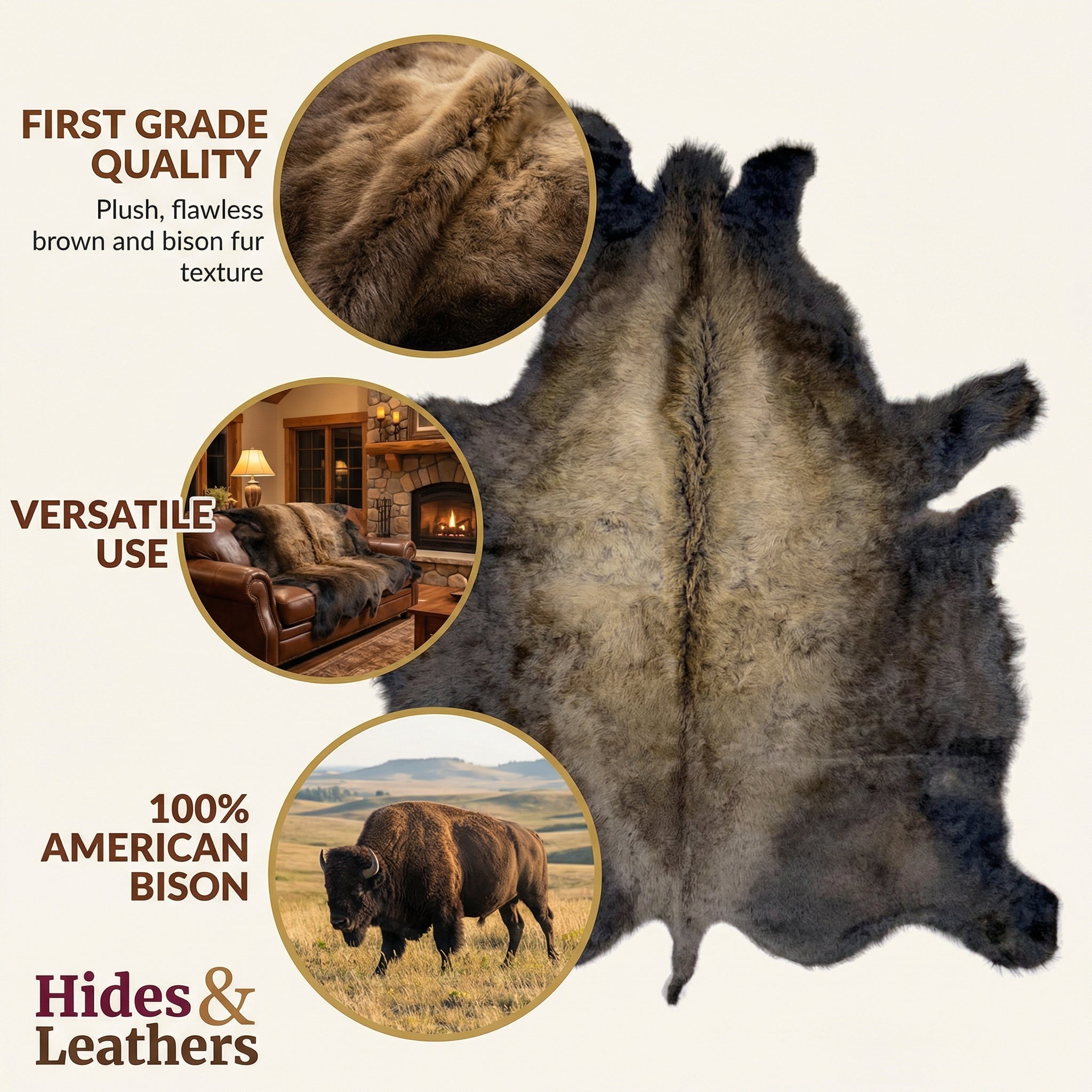 American Bison Hide Rug First Grade Extra Large 8x7 ft | 50+sqft