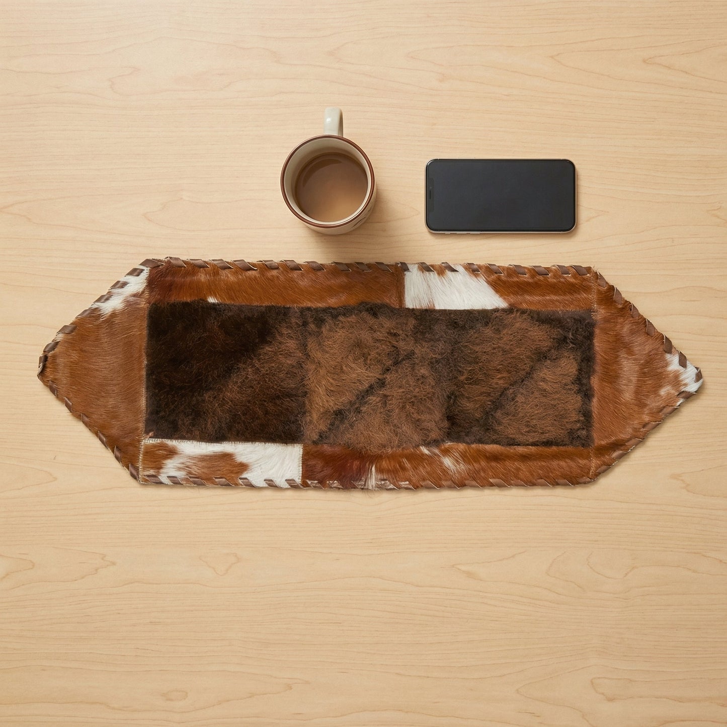 Bison and Cowhide Hexagonal Table Runner Brown and White | Patchwork Laced Design - 1' x 3' - Hides & Leathers - Table Runner