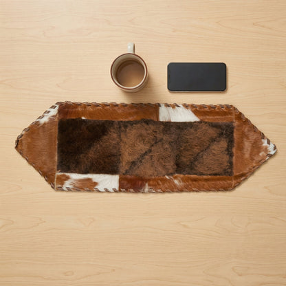 Bison and Cowhide Hexagonal Table Runner Brown and White | Patchwork Laced Design - 1' x 3' - Hides & Leathers - Table Runner