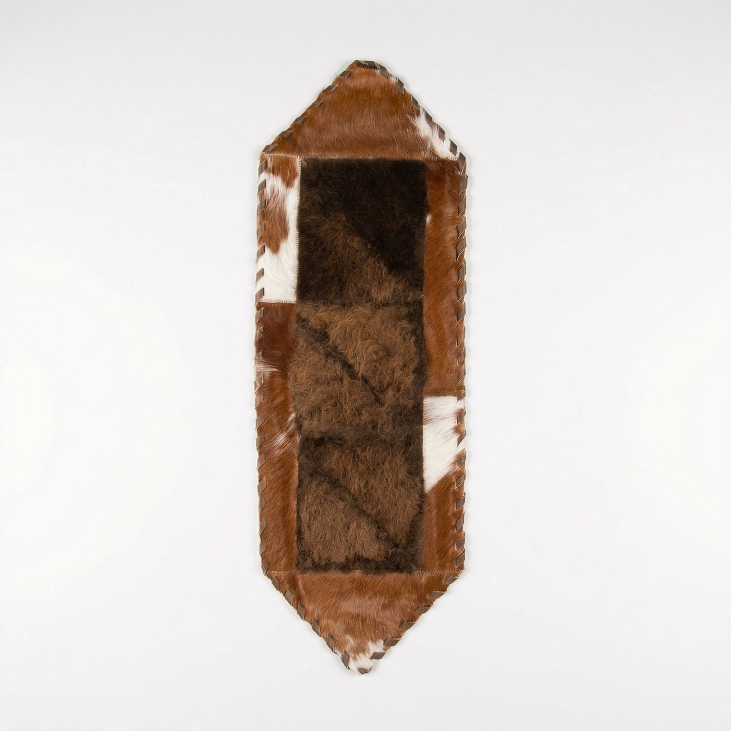 Bison and Cowhide Hexagonal Table Runner Brown and White | Patchwork Laced Design - 1' x 3' - Hides & Leathers - Table Runner