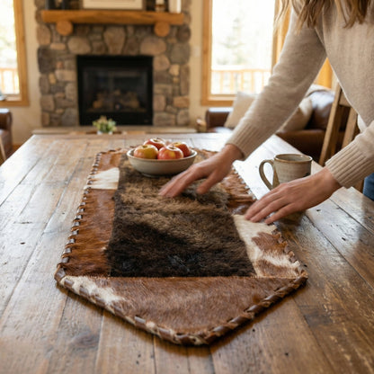 Bison and Cowhide Hexagonal Table Runner Brown and White | Patchwork Laced Design - 1' x 3' - Hides & Leathers - Table Runner
