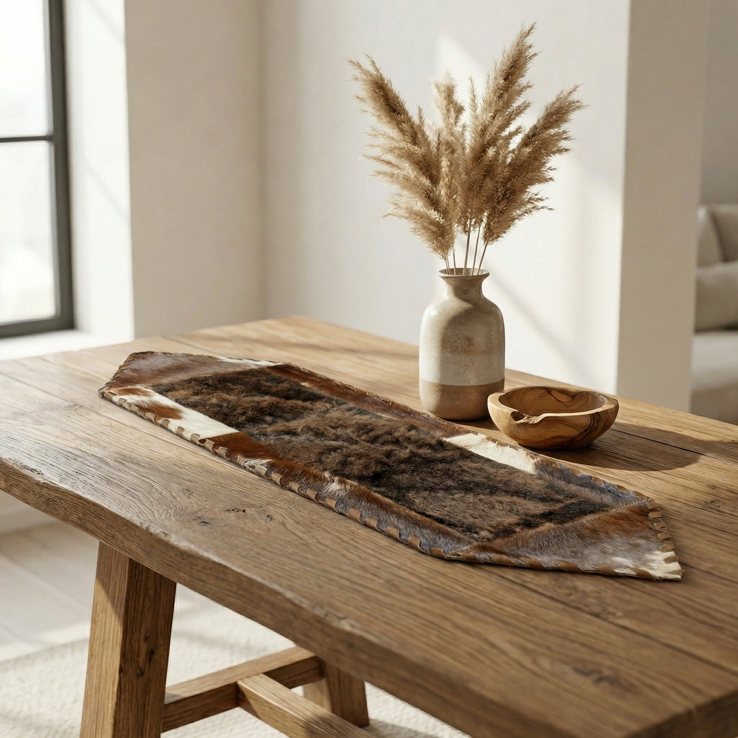 Bison and Cowhide Hexagonal Table Runner Brown and White | Patchwork Laced Design - 1' x 3' - Hides & Leathers - Table Runner