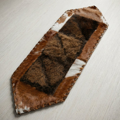 Bison and Cowhide Hexagonal Table Runner Brown and White | Patchwork Laced Design - 1' x 3' - Hides & Leathers - Table Runner