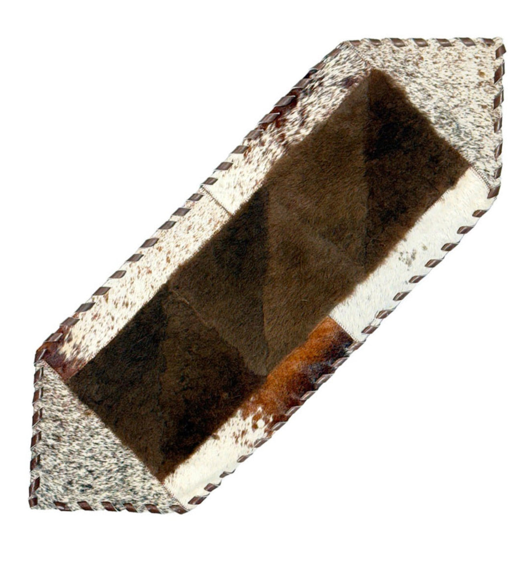 Bison/Cowhide Hair - On Hexagonal Table Runner | Patchwork & Laced Design – 1' X 3' Feet - Hides & Leathers - Cowhide Rugs