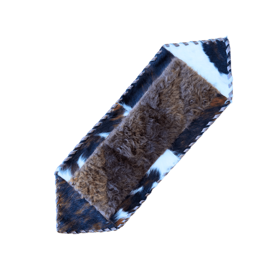 Bison/Cowhide Hair - On Hexagonal Table Runner | Patchwork & Laced Design – 1' X 3' Feet - Hides & Leathers - Cowhide Rugs