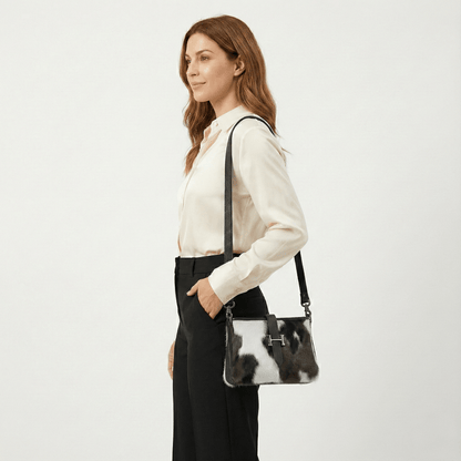 Black & White Cowhide Leather Crossbody Bag | Genuine Hair - On Hide & Dark Black Strap – 9 x 6 x 1 Inch - Hides & Leathers - Hair On Cow