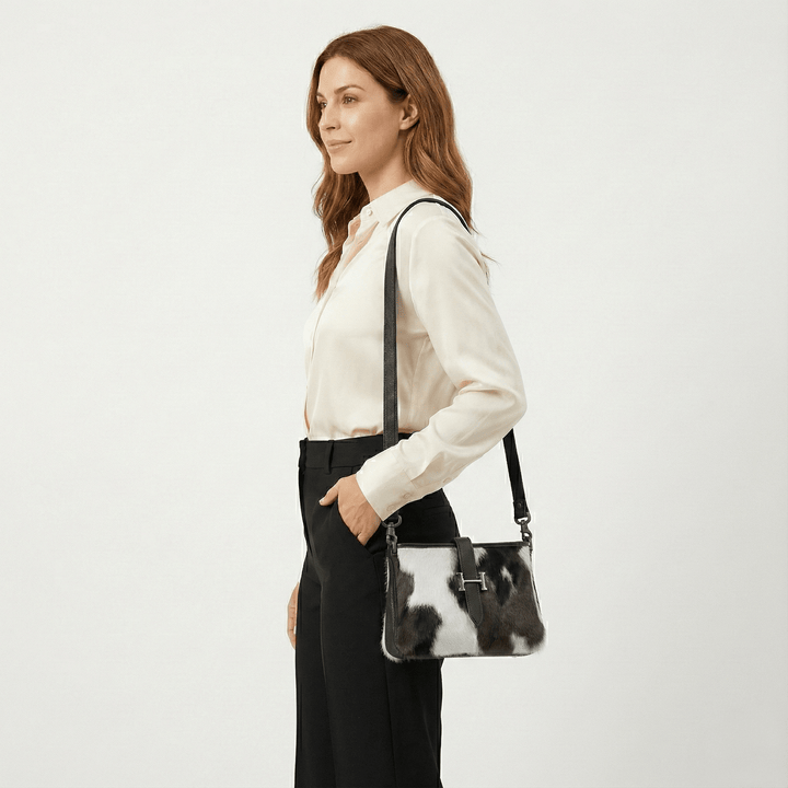 Black & White Cowhide Leather Crossbody Bag | Genuine Hair - On Hide & Dark Black Strap – 9 x 6 x 1 Inch - Hides & Leathers - Hair On Cow