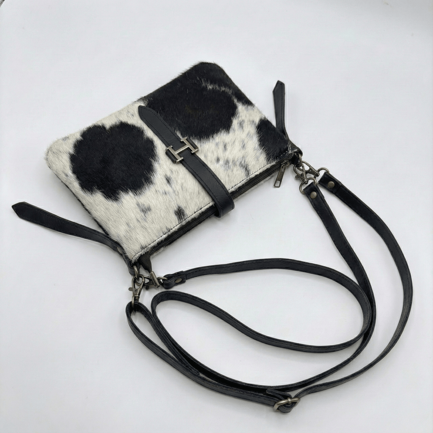 Black & White Cowhide Leather Crossbody Bag | Genuine Hair - On Hide & Dark Black Strap – 9 x 6 x 1 Inch - Hides & Leathers - Hair On Cow