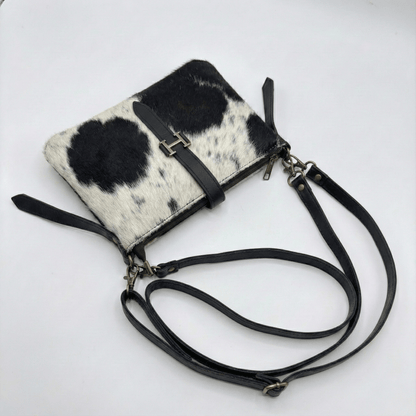 Black & White Cowhide Leather Crossbody Bag | Genuine Hair - On Hide & Dark Black Strap – 9 x 6 x 1 Inch - Hides & Leathers - Hair On Cow