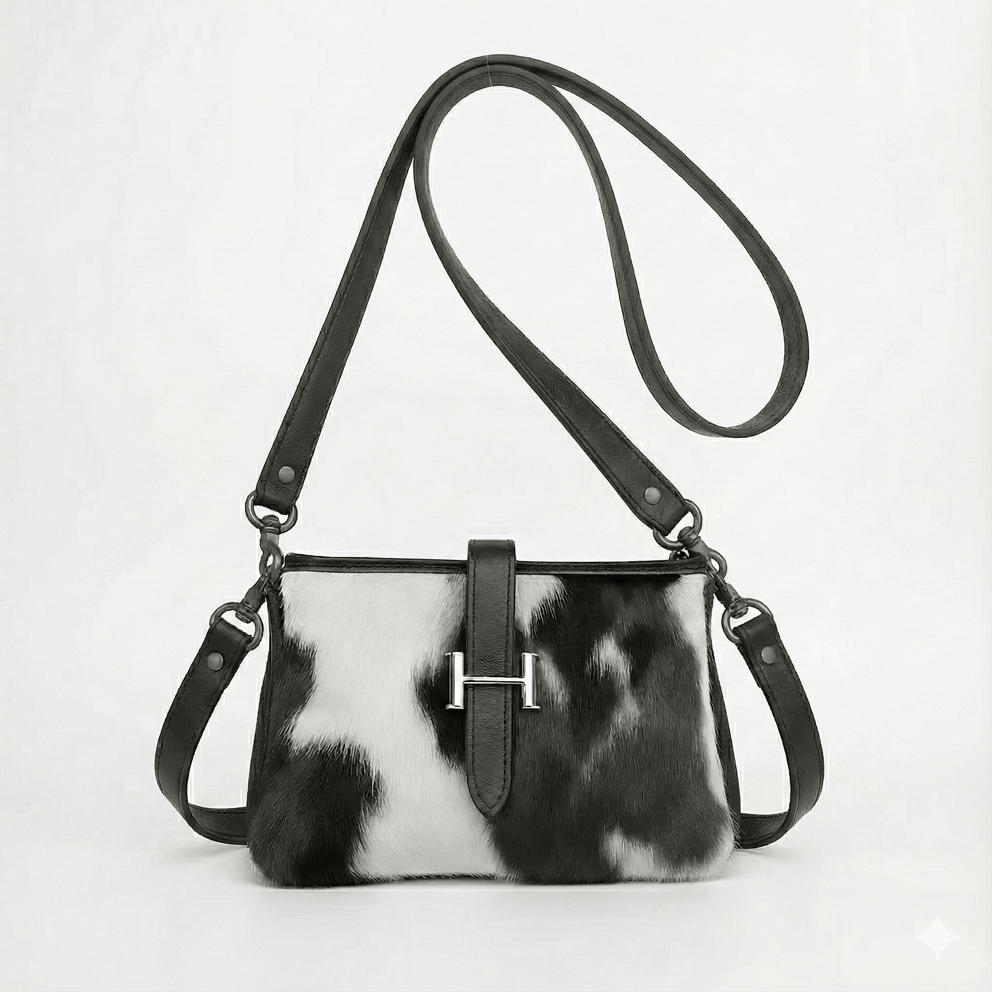 Black & White Cowhide Leather Crossbody Bag | Genuine Hair - On Hide & Dark Black Strap – 9 x 6 x 1 Inch - Hides & Leathers - Hair On Cow