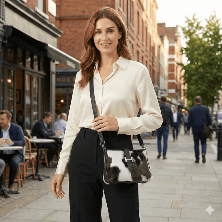 Black & White Cowhide Leather Crossbody Bag | Genuine Hair - On Hide & Dark Black Strap – 9 x 6 x 1 Inch - Hides & Leathers - Hair On Cow