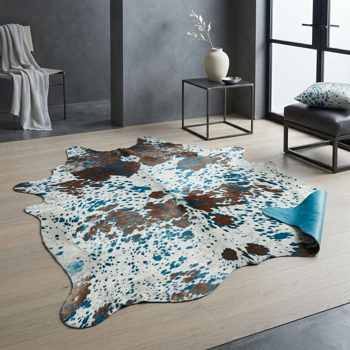 Brazilian Cowhide Rug | Turquoise Acid Wash on White & Brown 7 x 6 Ft - Hides & Leathers - Rugs