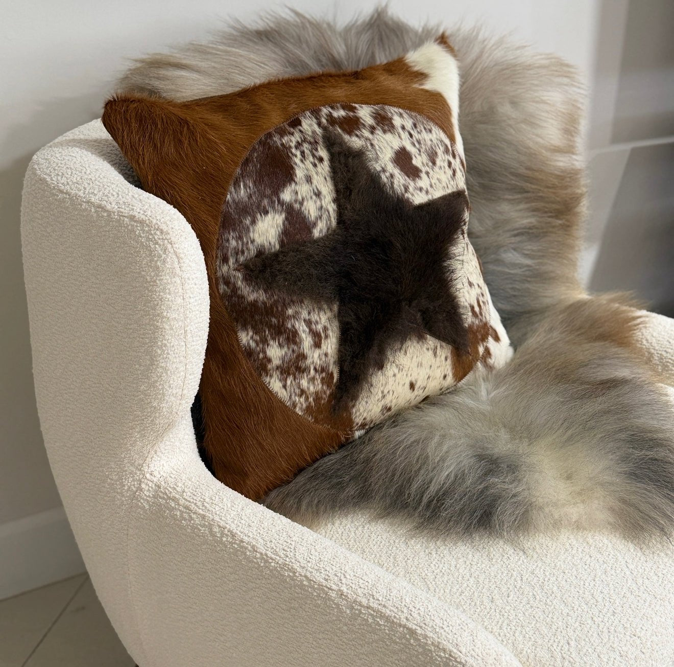 Brown & White Cowhide & Buffalo Hide Star Pillow Cover, 20" x20" - Hides & Leathers - pillow