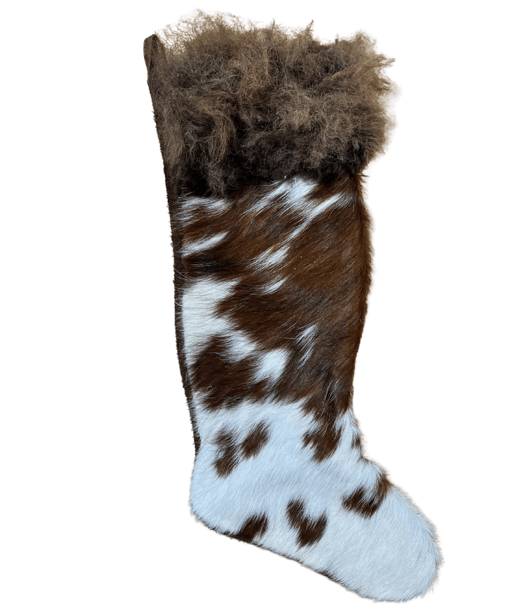 Brown & White - Cowhide Christmas Stocking with Bison Hair - Large - Hides & Leathers - Christmas Stocking