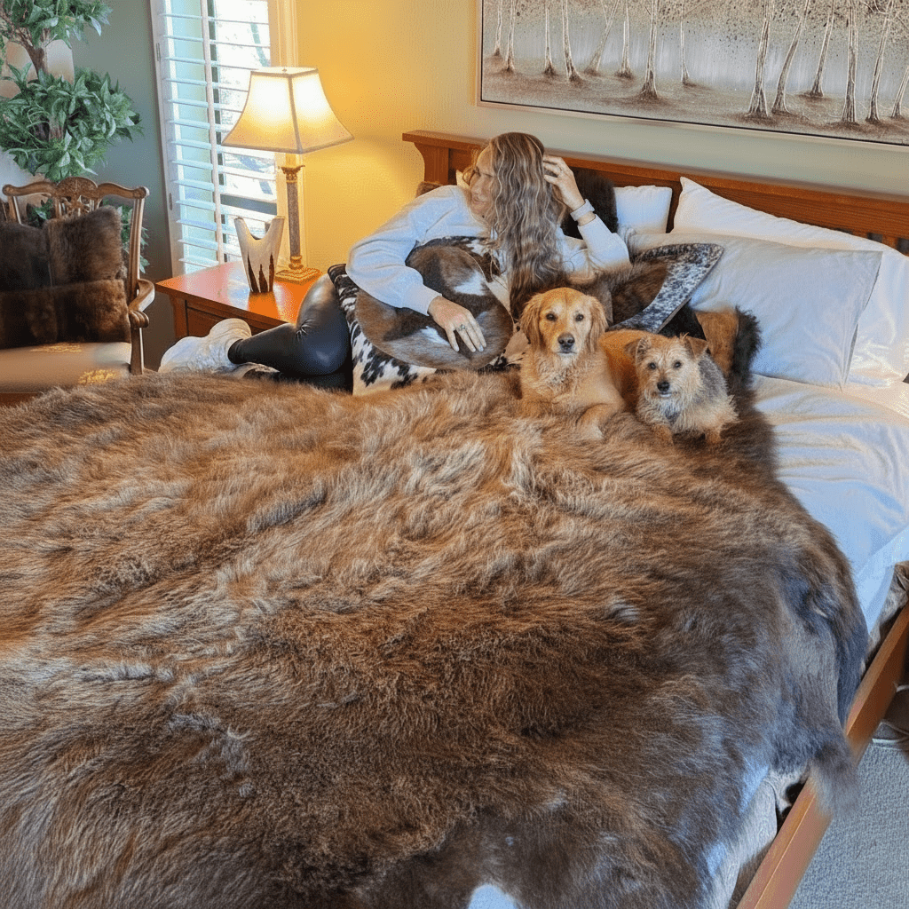 Buffalo/Bison Hair - On Hide Rug Extra Large | Select First - Grade with Bonus Tricolor Cowhide Medium - Hides & Leathers - Bison Rugs