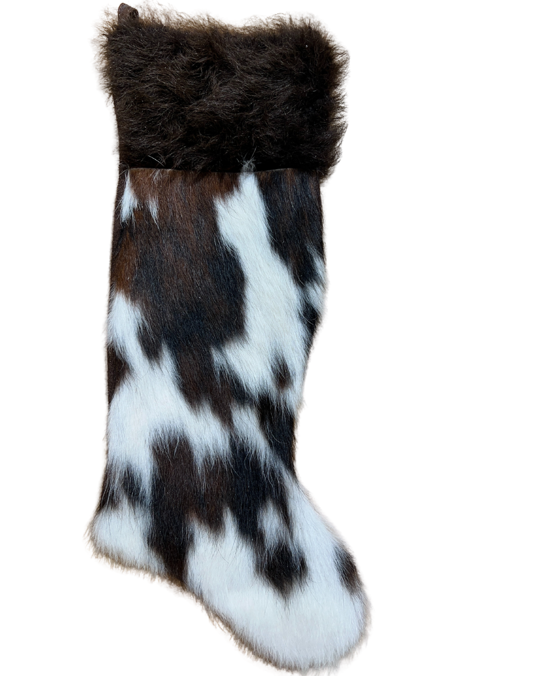 Cowhide Christmas Stocking - Tricolor Brown & White with Bison Hair - Large