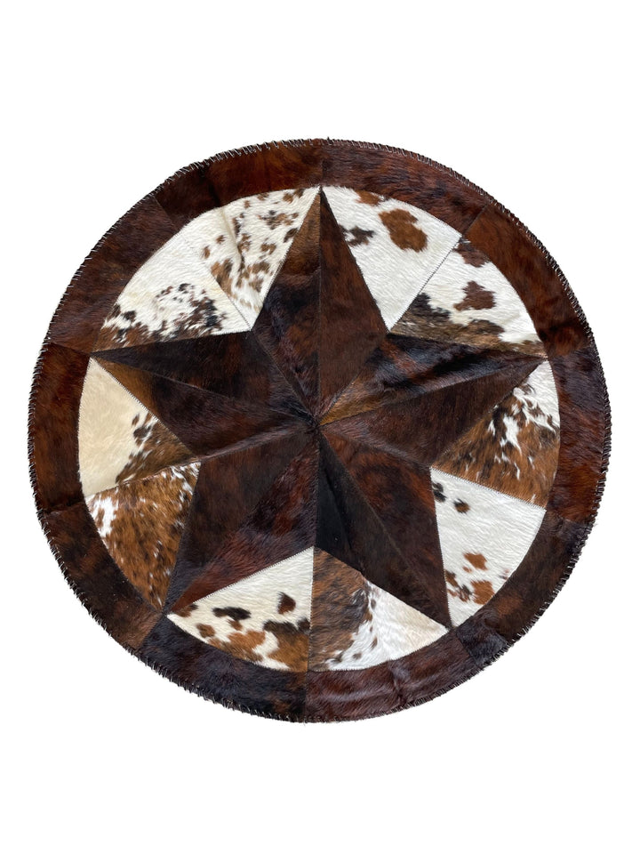 Cowhide Tricolor Round Area Rug - Star Patchwork Rug Brown Center & White