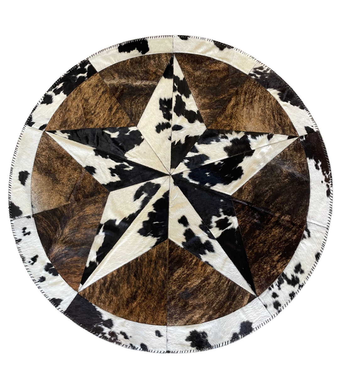 Cowhide Tricolor Round Area Rug - Star Patchwork Rug Brindle with Black and White