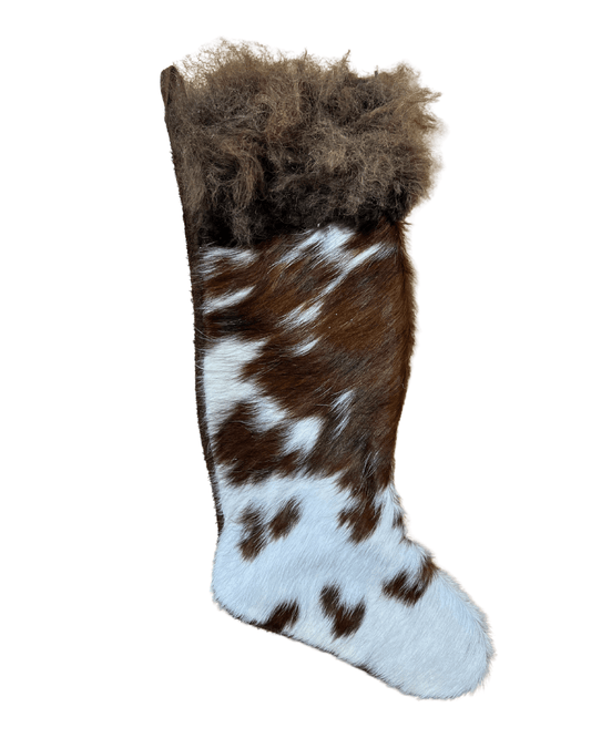 Cowhide Christmas Stocking - Tricolor Brown & White with Bison Hair - Large - Hides & Leathers - Christmas Stocking