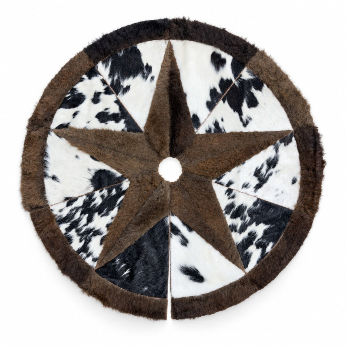 Cowhide Christmas Tree Skirt | Black and White Hair-On – 3.5 & 5 Ft Round for Rustic Holiday Decor - Hides & Leathers - Skirt