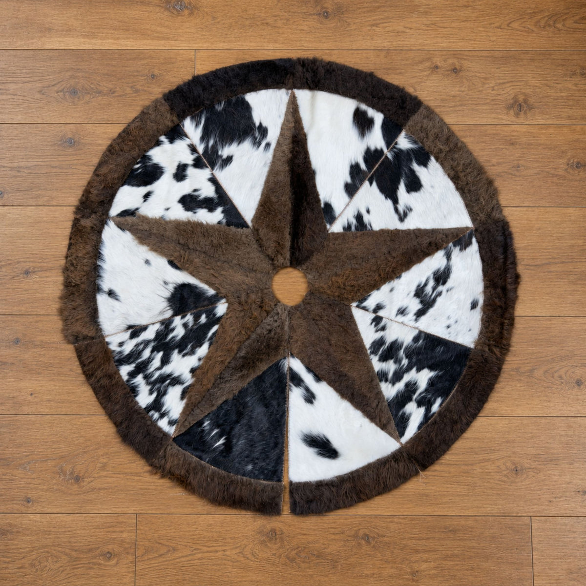 Cowhide Christmas Tree Skirt | Black and White Hair-On – 3.5 & 5 Ft Round for Rustic Holiday Decor - Hides & Leathers - Skirt