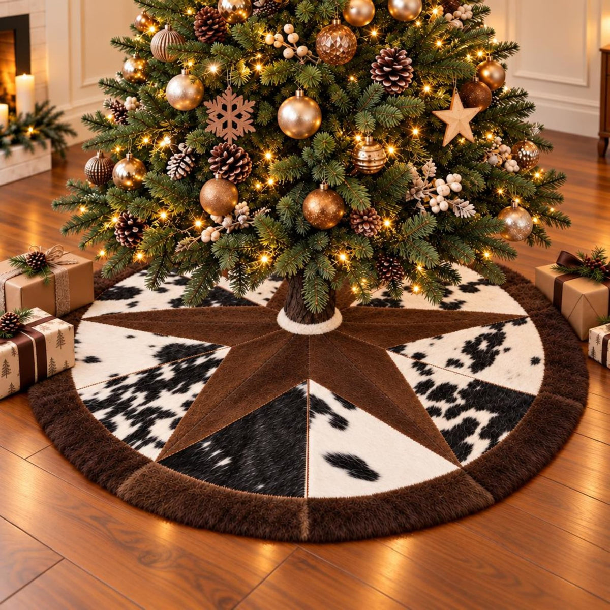 Cowhide Christmas Tree Skirt | Black and White Hair-On – 3.5 & 5 Ft Round for Rustic Holiday Decor - Hides & Leathers - Skirt