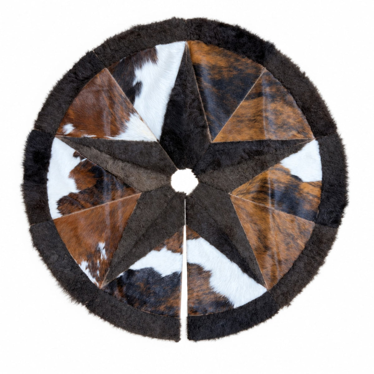 Cowhide Christmas Tree Skirt | Tricolor Hair-On – 3.5 & 5 Ft, American & Colombian Hides - Hides & Leathers - Tree Skirt